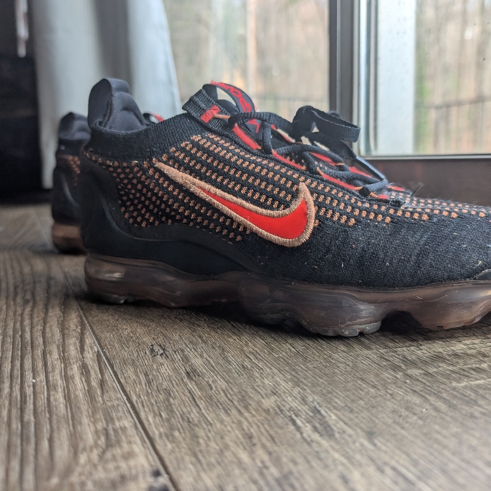 Nike Flyknit VaporMax Sneaker - Black with Red and Orange Accents